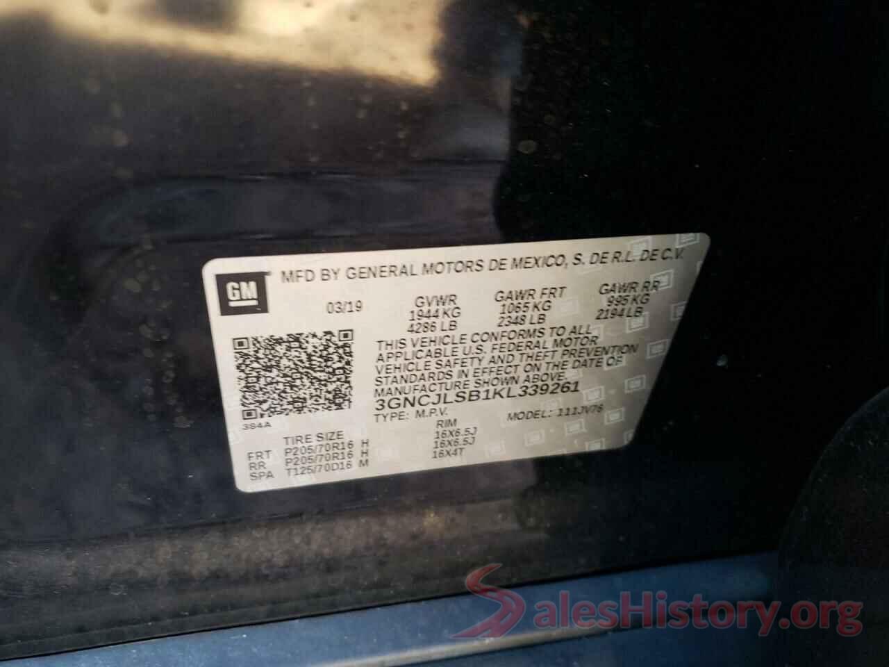 3GNCJLSB1KL339261 2019 CHEVROLET TRAX