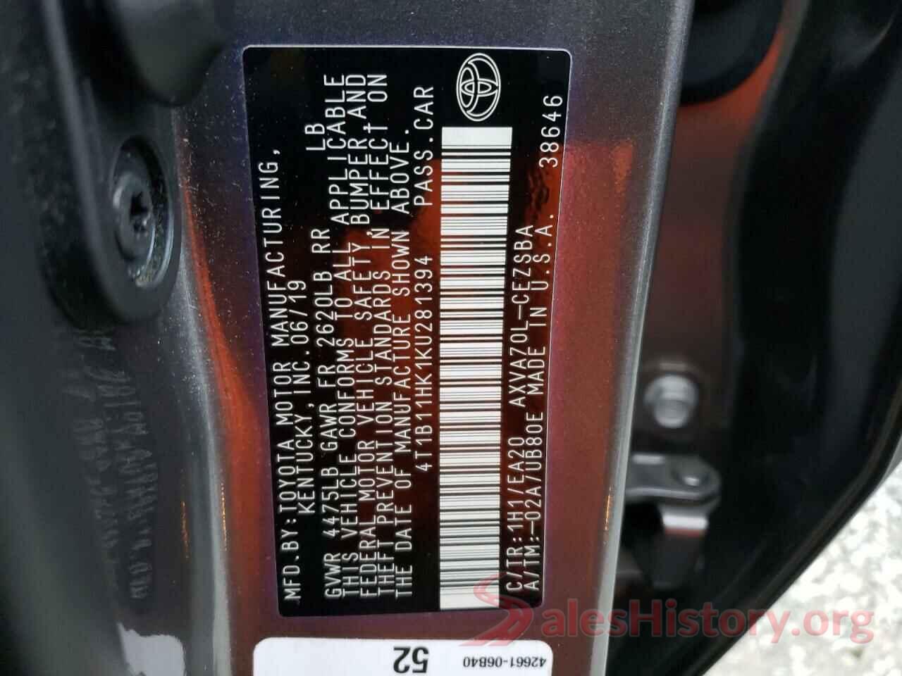 4T1B11HK1KU281394 2019 TOYOTA CAMRY