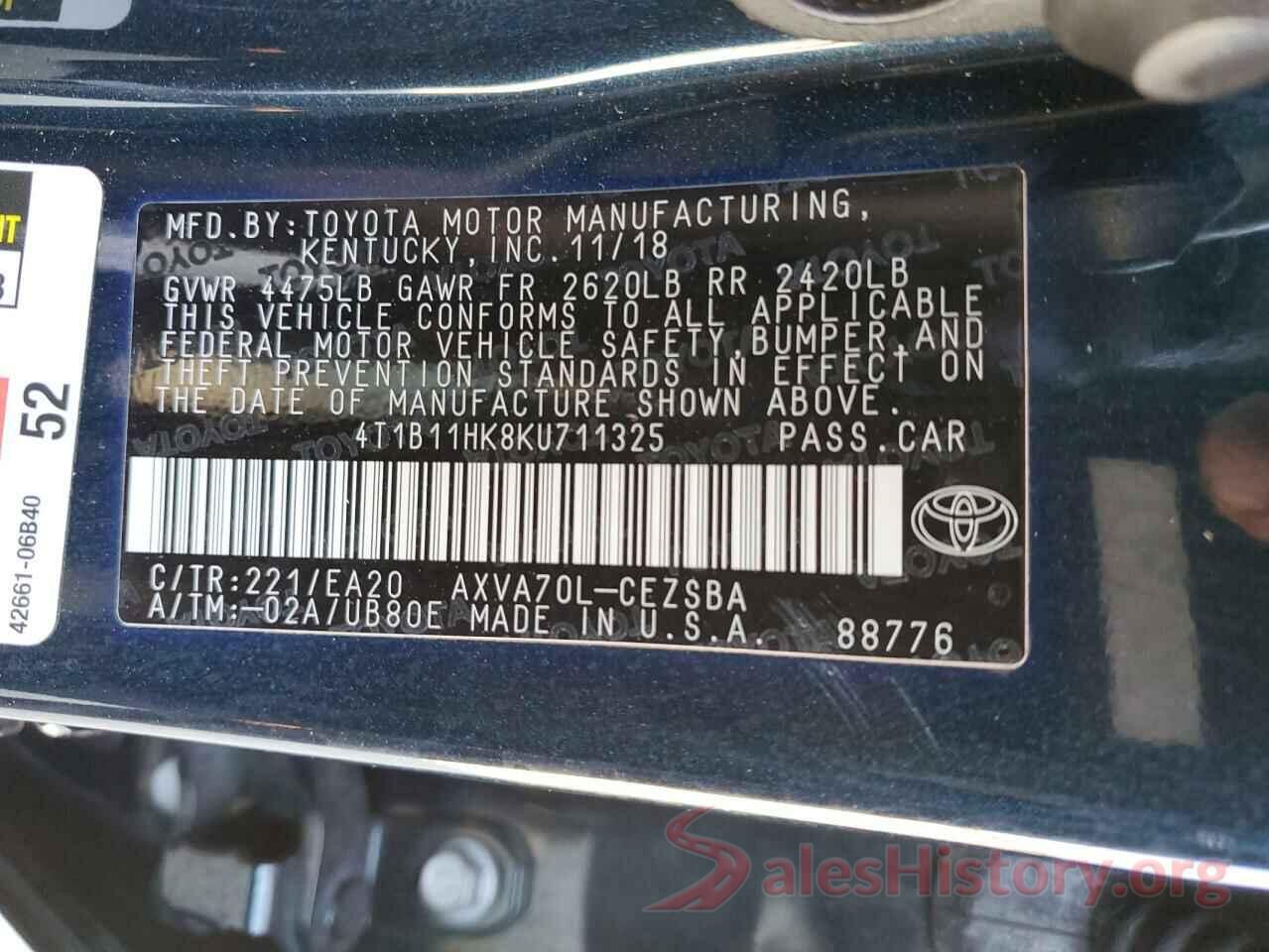 4T1B11HK8KU711325 2019 TOYOTA CAMRY