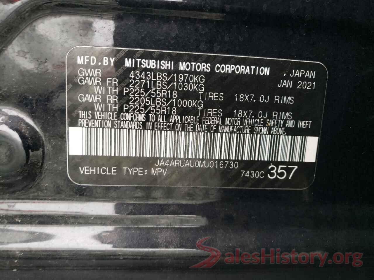 JA4ARUAU0MU016730 2021 MITSUBISHI OUTLANDER