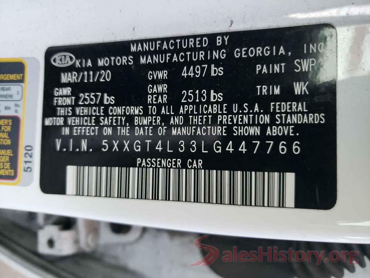 5XXGT4L33LG447766 2020 KIA OPTIMA