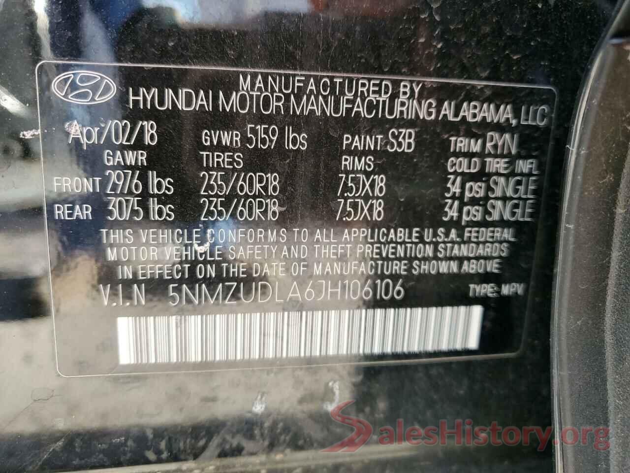 5NMZUDLA6JH106106 2018 HYUNDAI SANTA FE