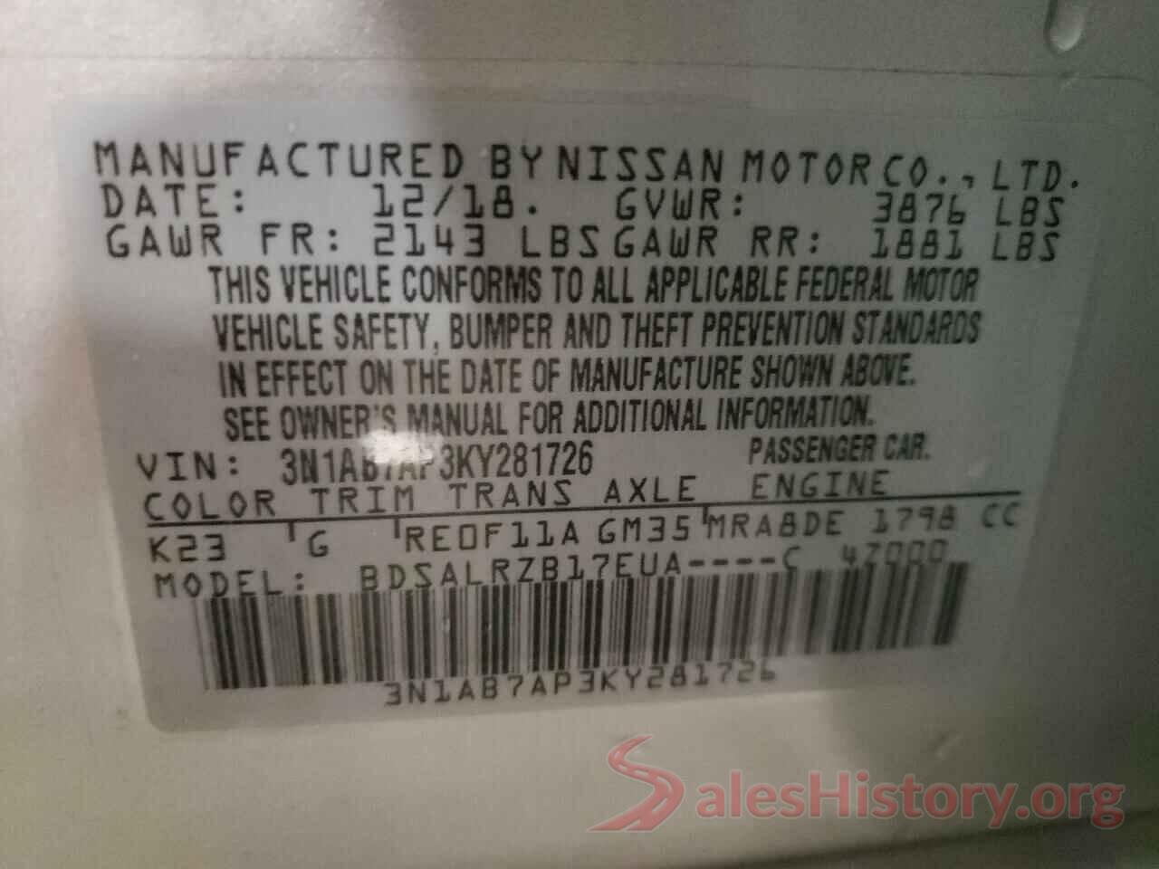 3N1AB7AP3KY281726 2019 NISSAN SENTRA