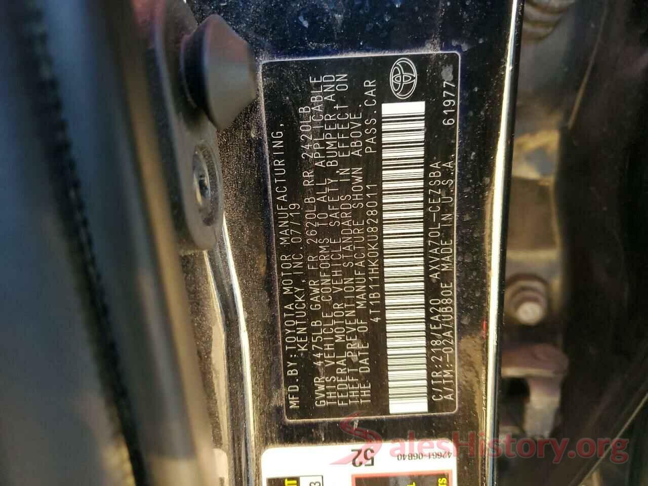 4T1B11HK0KU828011 2019 TOYOTA CAMRY