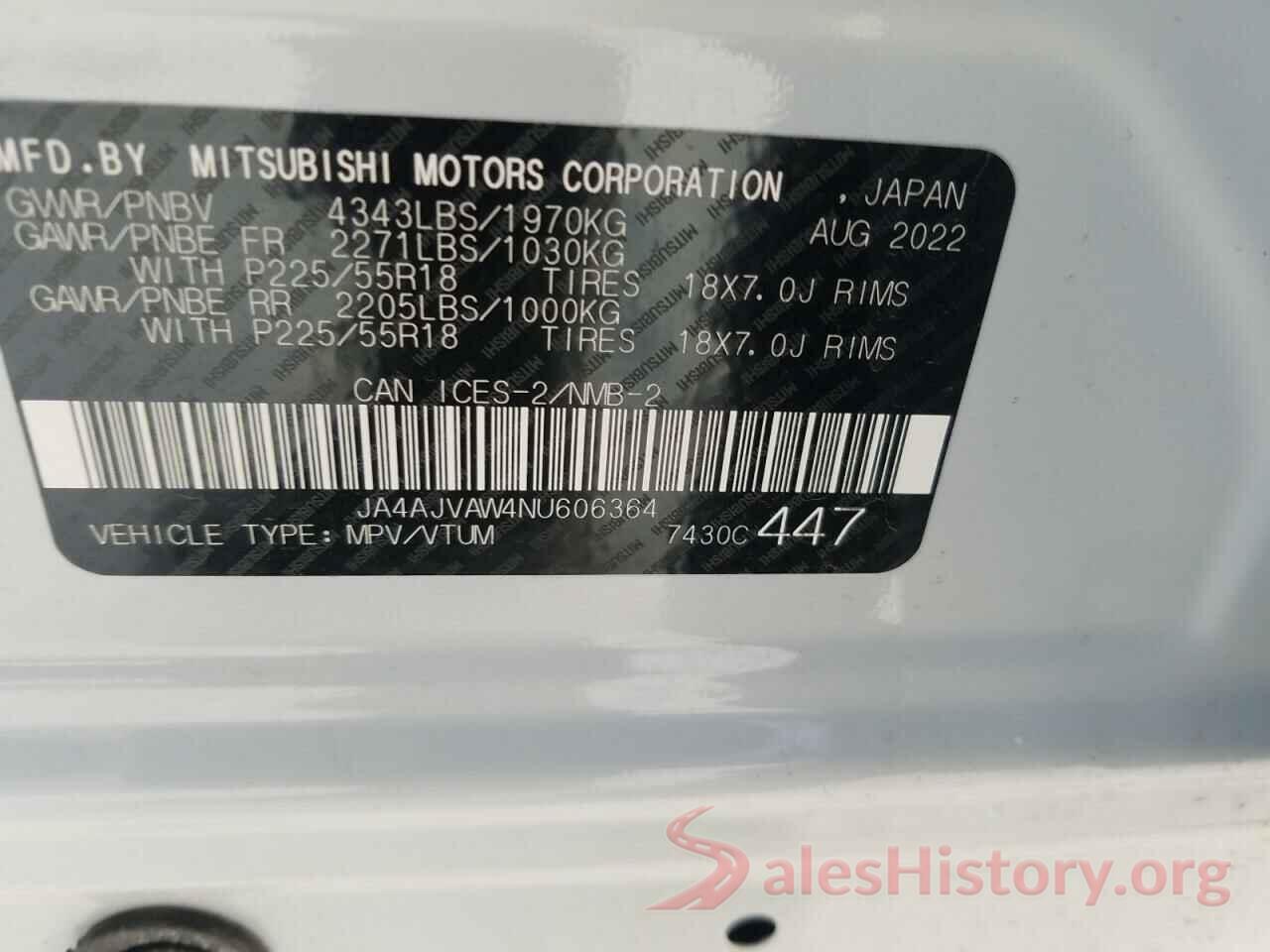 JA4AJVAW4NU606364 2022 MITSUBISHI OUTLANDER