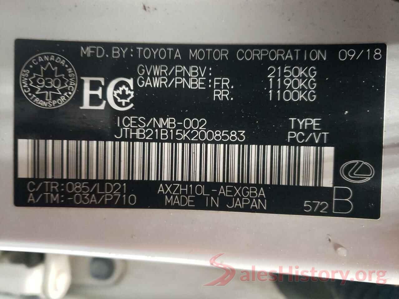 JTHB21B15K2008583 2019 LEXUS ES300