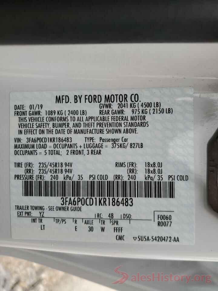 3FA6P0CD1KR186483 2019 FORD FUSION