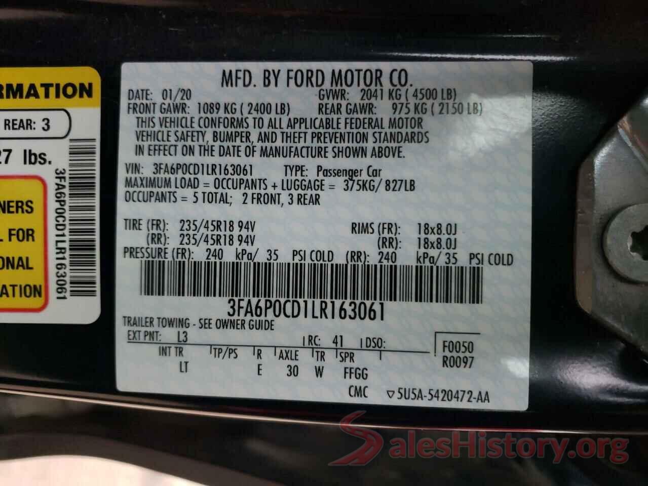 3FA6P0CD1LR163061 2020 FORD FUSION