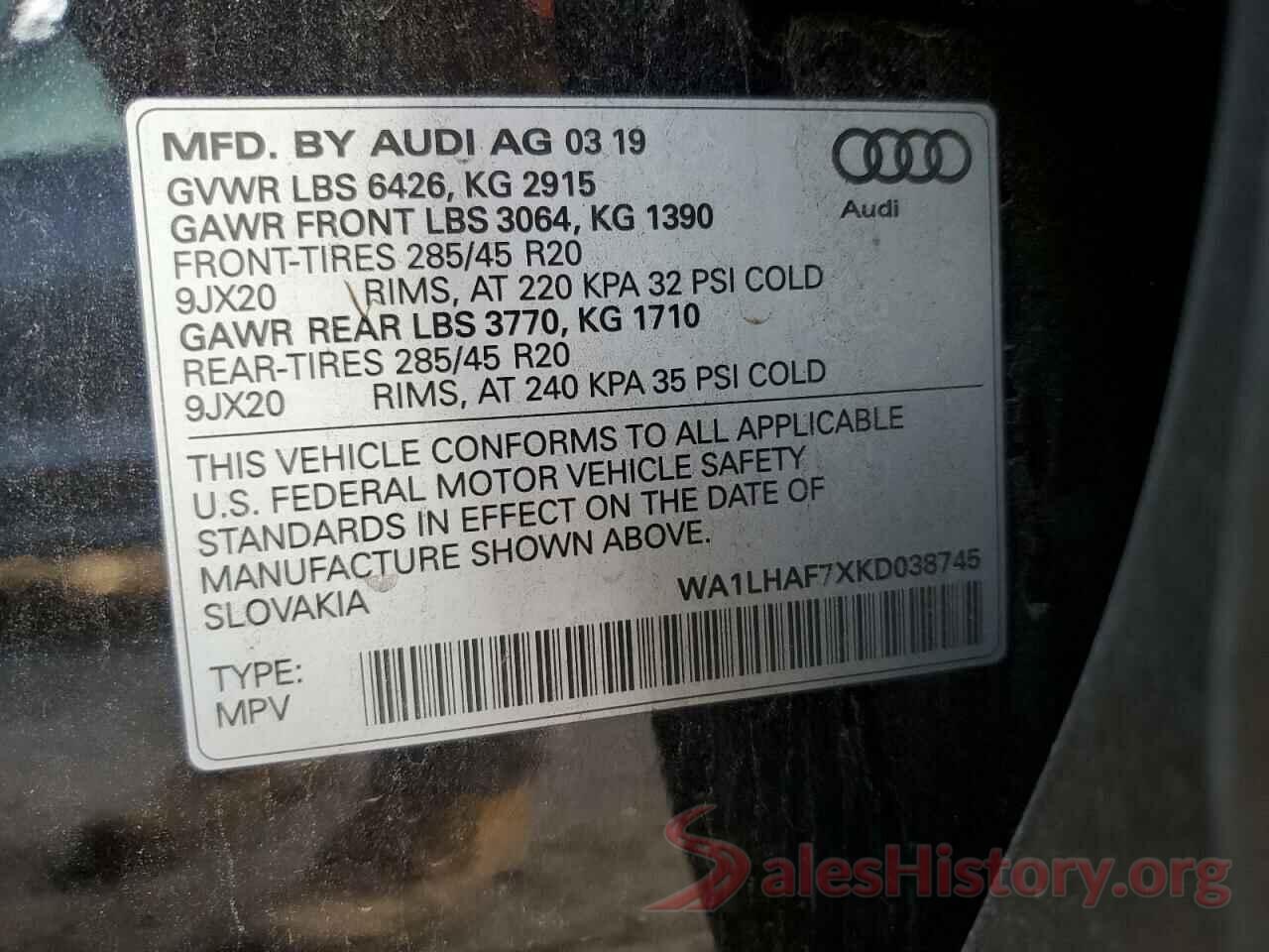 WA1LHAF7XKD038745 2019 AUDI Q7