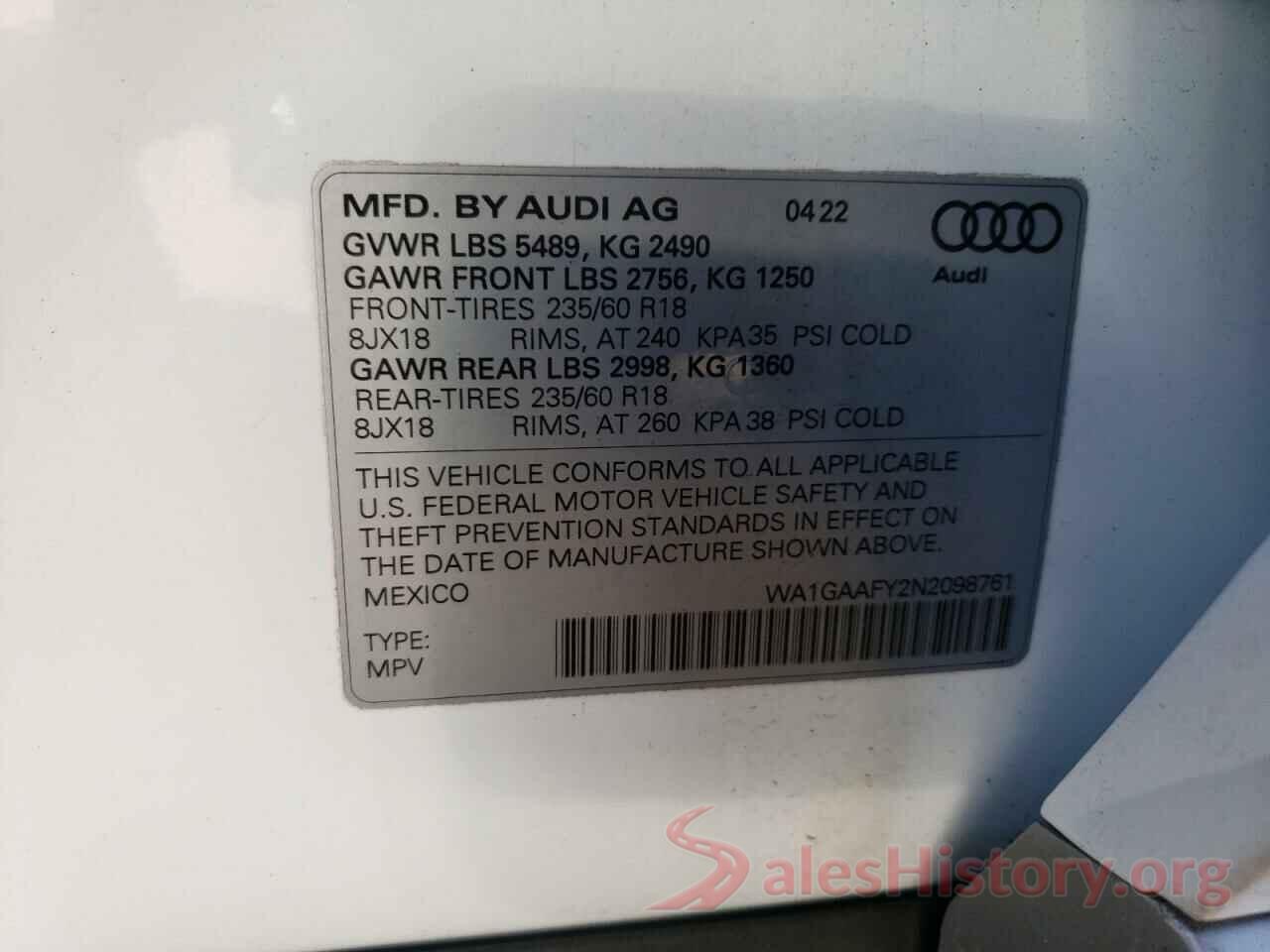 WA1GAAFY2N2098761 2022 AUDI Q5