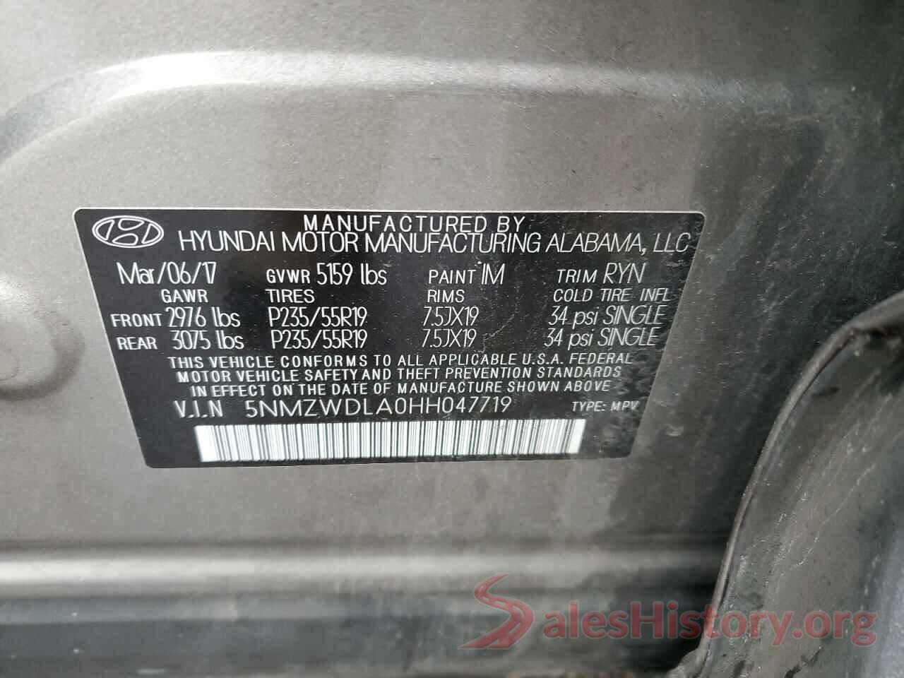 5NMZWDLA0HH047719 2017 HYUNDAI SANTA FE