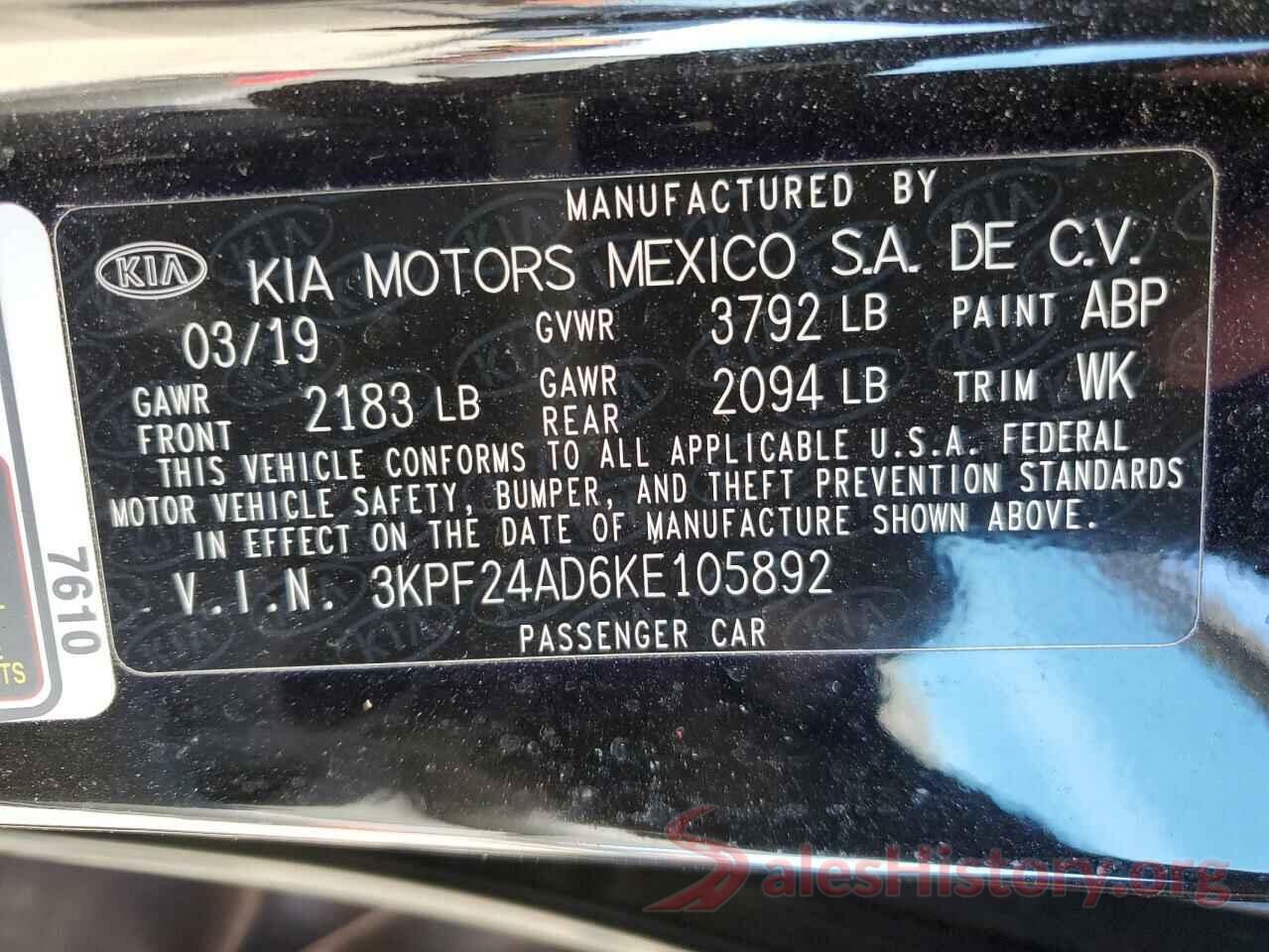 3KPF24AD6KE105892 2019 KIA FORTE