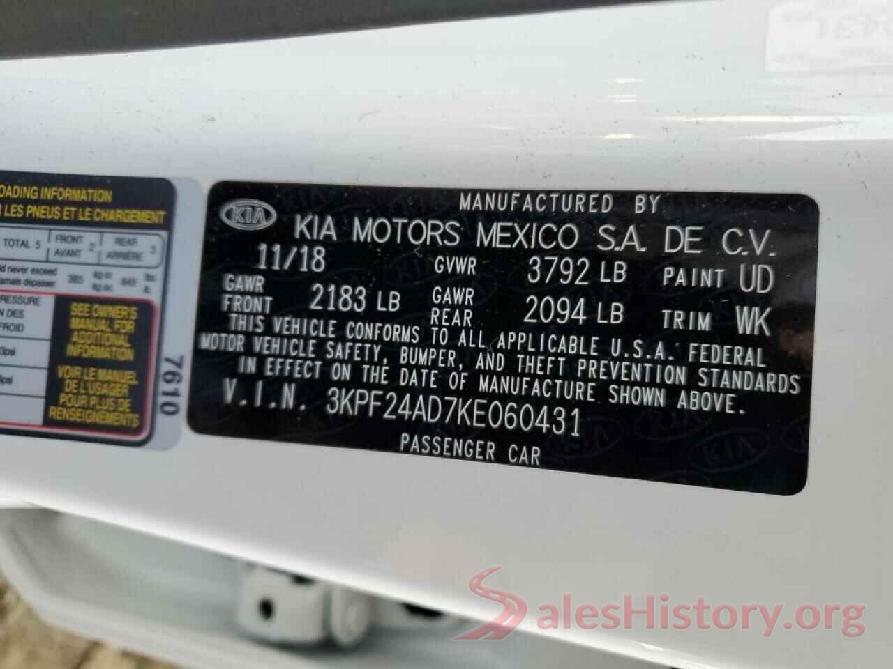 3KPF24AD7KE060431 2019 KIA FORTE