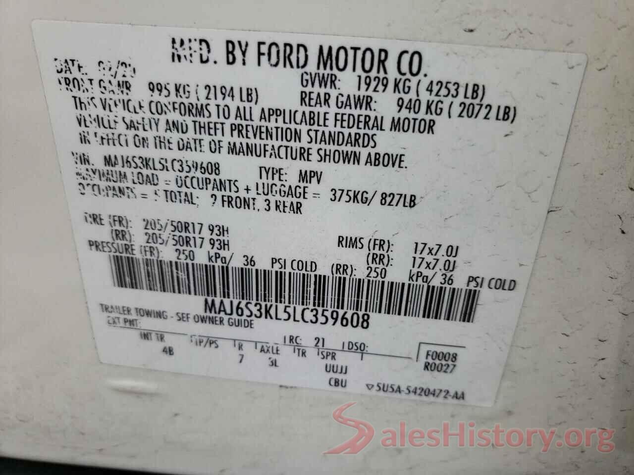 MAJ6S3KL5LC359608 2020 FORD ECOSPORT