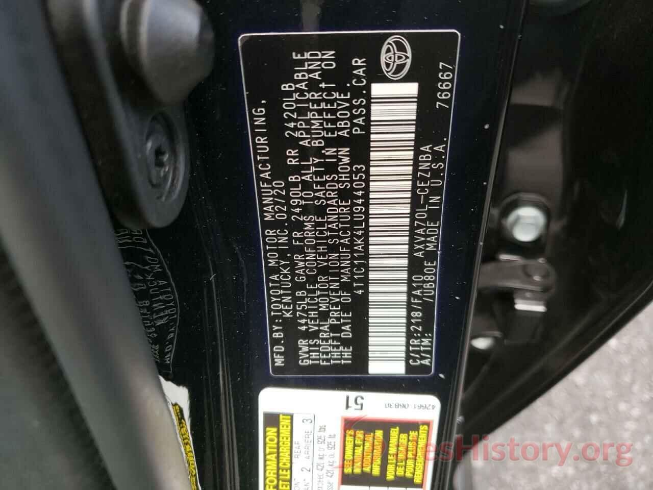 4T1C11AK4LU944053 2020 TOYOTA CAMRY