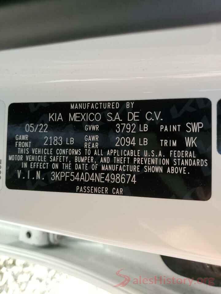 3KPF54AD4NE498674 2022 KIA FORTE