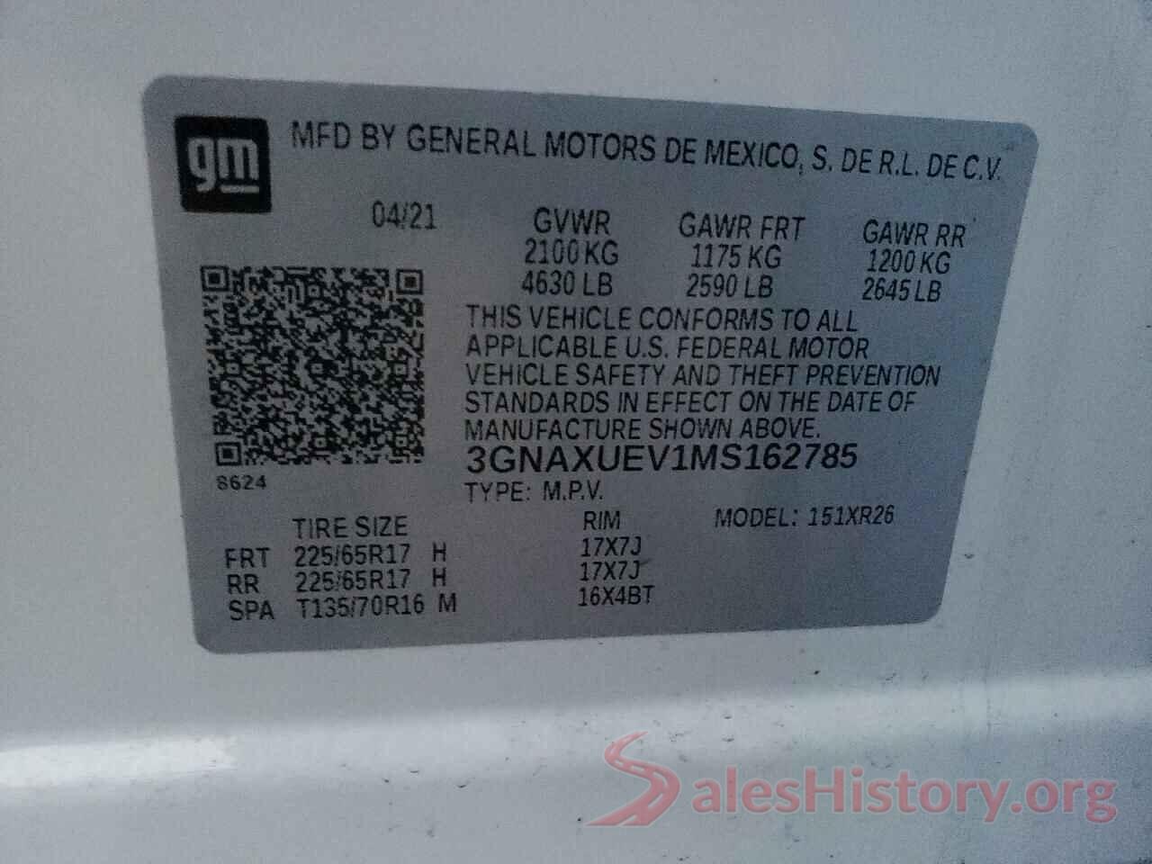 3GNAXUEV1MS162785 2021 CHEVROLET EQUINOX