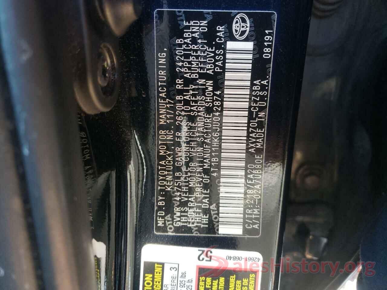 4T1B11HK6JU042874 2018 TOYOTA CAMRY