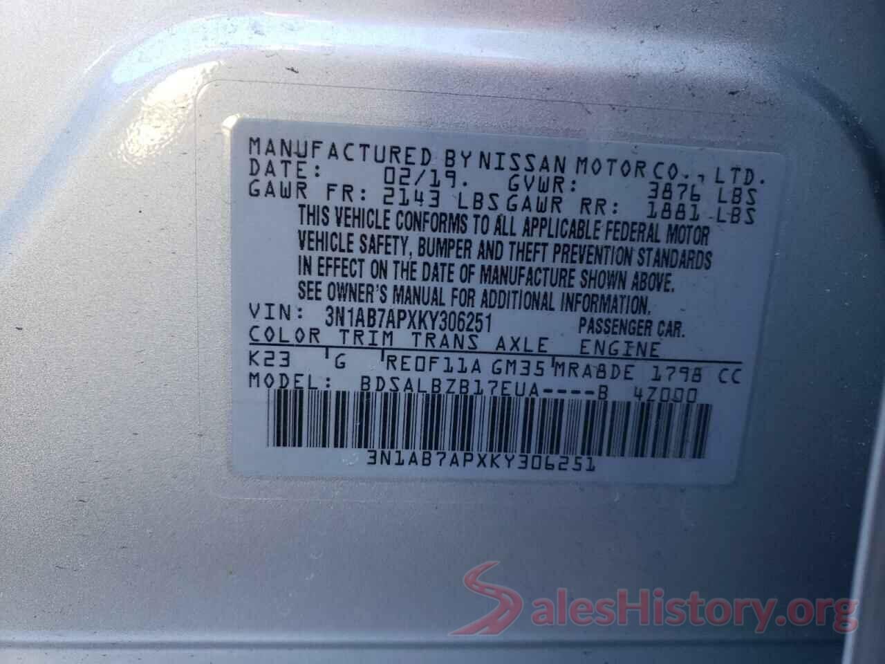 3N1AB7APXKY306251 2019 NISSAN SENTRA