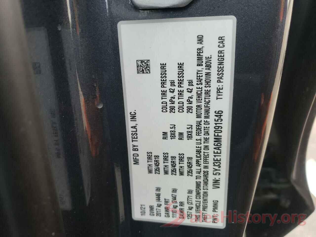 5YJ3E1EA6MF091546 2021 TESLA MODEL 3