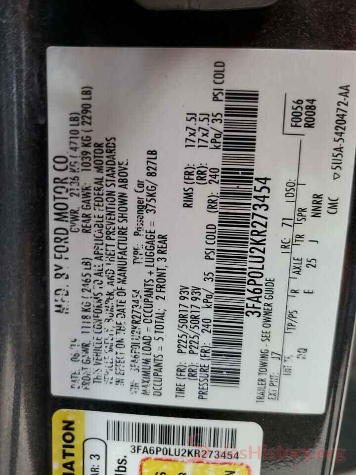 3FA6P0LU2KR273454 2019 FORD FUSION