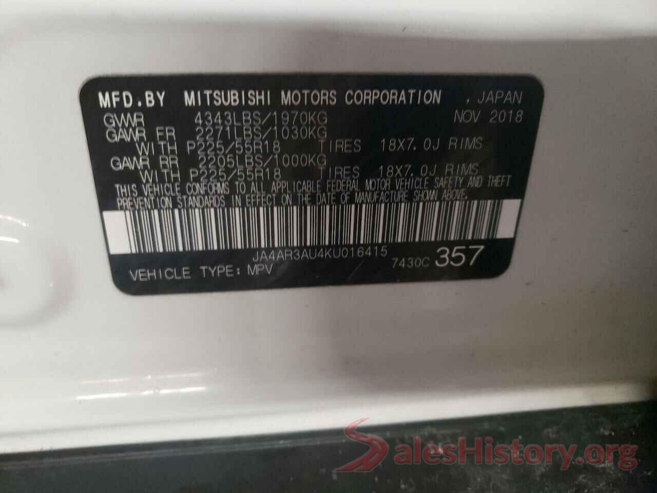 JA4AR3AU4KU016415 2019 MITSUBISHI OUTLANDER