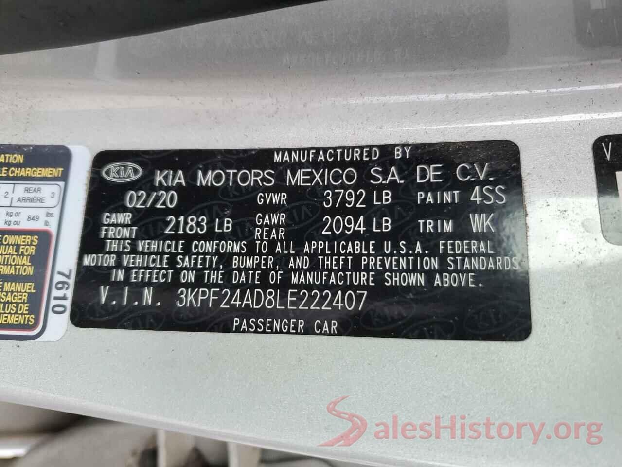 3KPF24AD8LE222407 2020 KIA FORTE