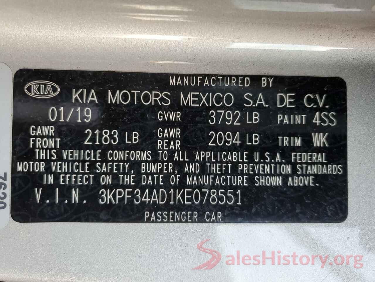 3KPF34AD1KE078551 2019 KIA FORTE