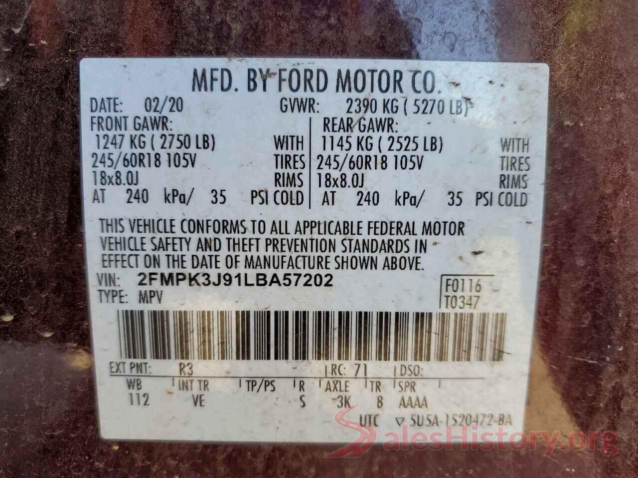 2FMPK3J91LBA57202 2020 FORD EDGE