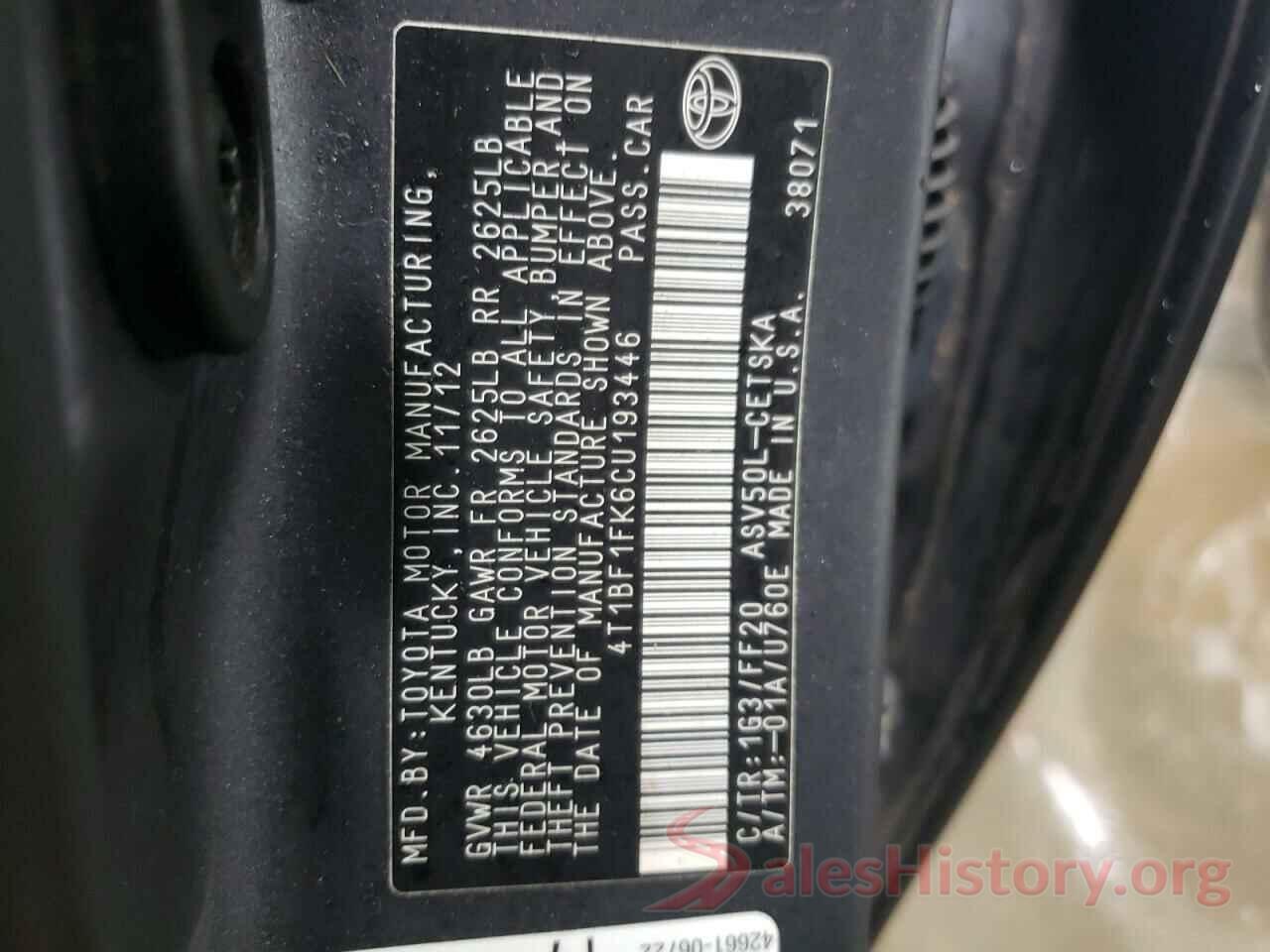 4T1BF1FK6CU193446 2012 TOYOTA CAMRY