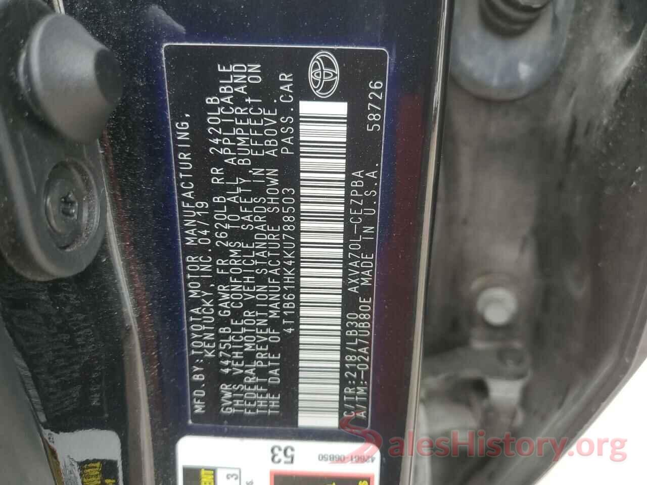 4T1B61HK4KU788503 2019 TOYOTA CAMRY