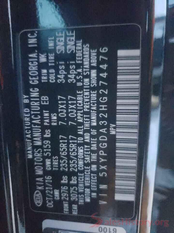 5XYPGDA32HG274476 2017 KIA SORENTO