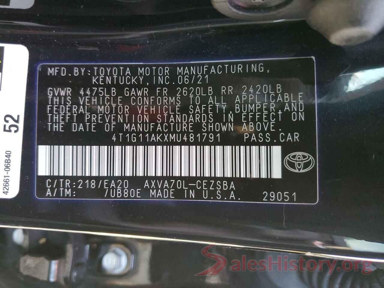 4T1G11AKXMU481791 2021 TOYOTA CAMRY