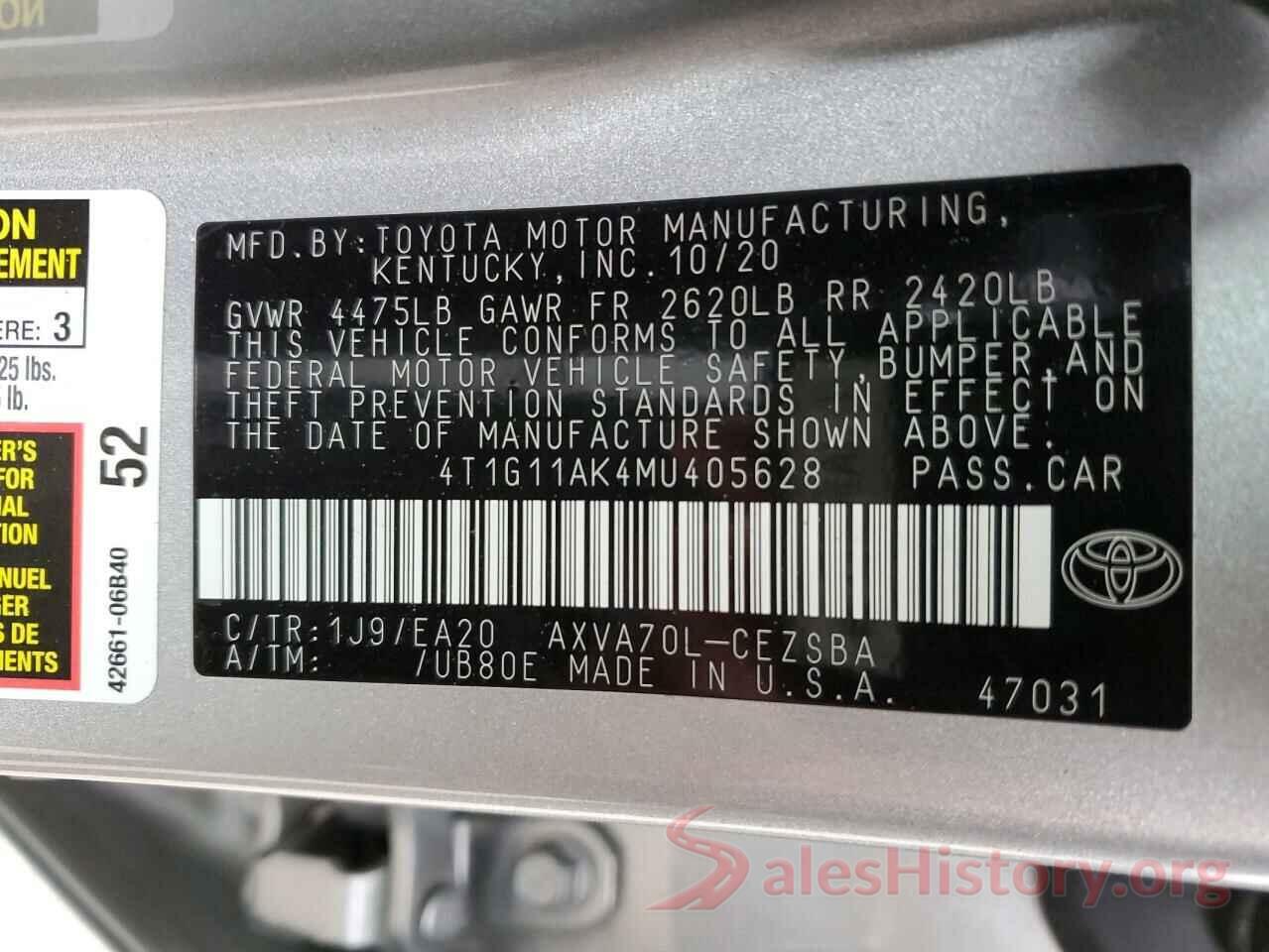 4T1G11AK4MU405628 2021 TOYOTA CAMRY