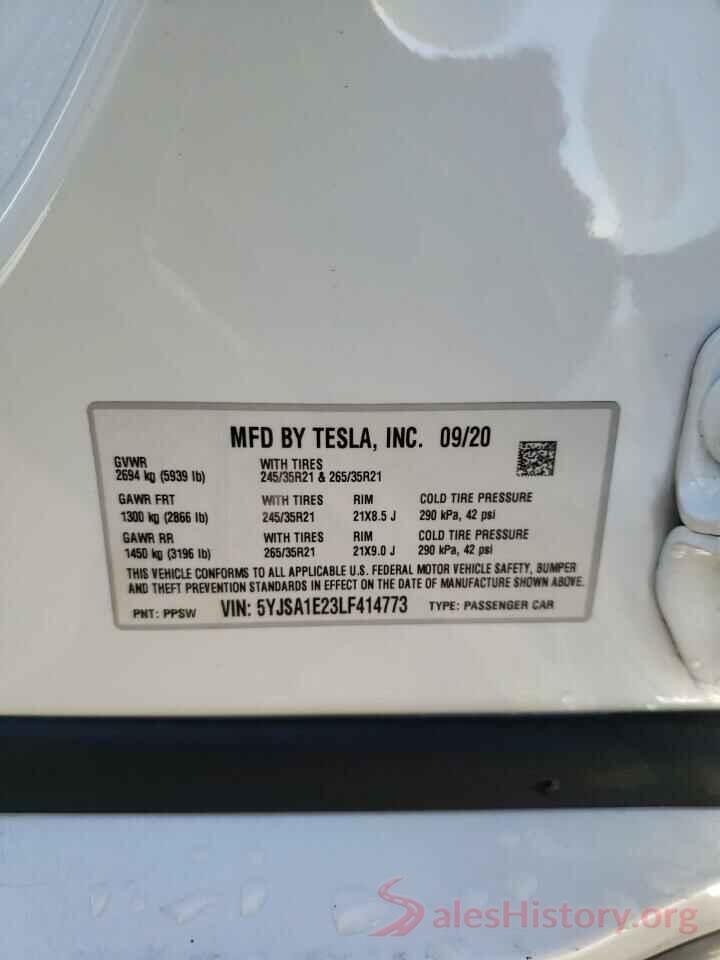 5YJSA1E23LF414773 2020 TESLA MODEL S