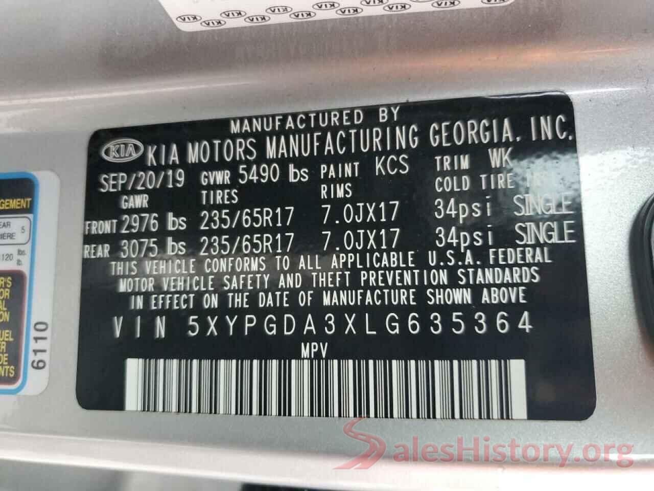 5XYPGDA3XLG635364 2020 KIA SORENTO