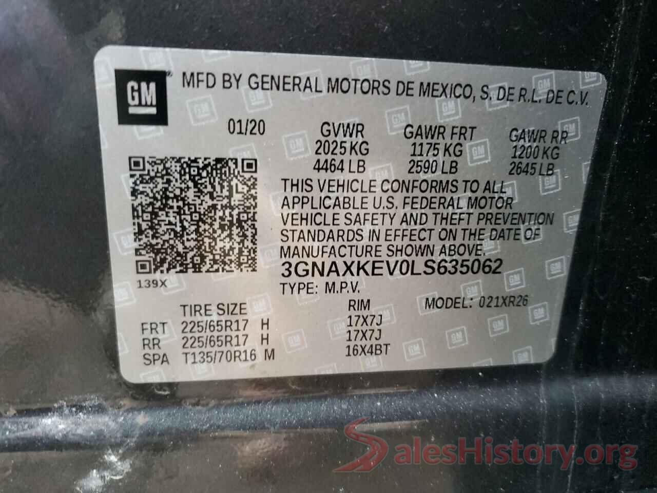 3GNAXKEV0LS635062 2020 CHEVROLET EQUINOX