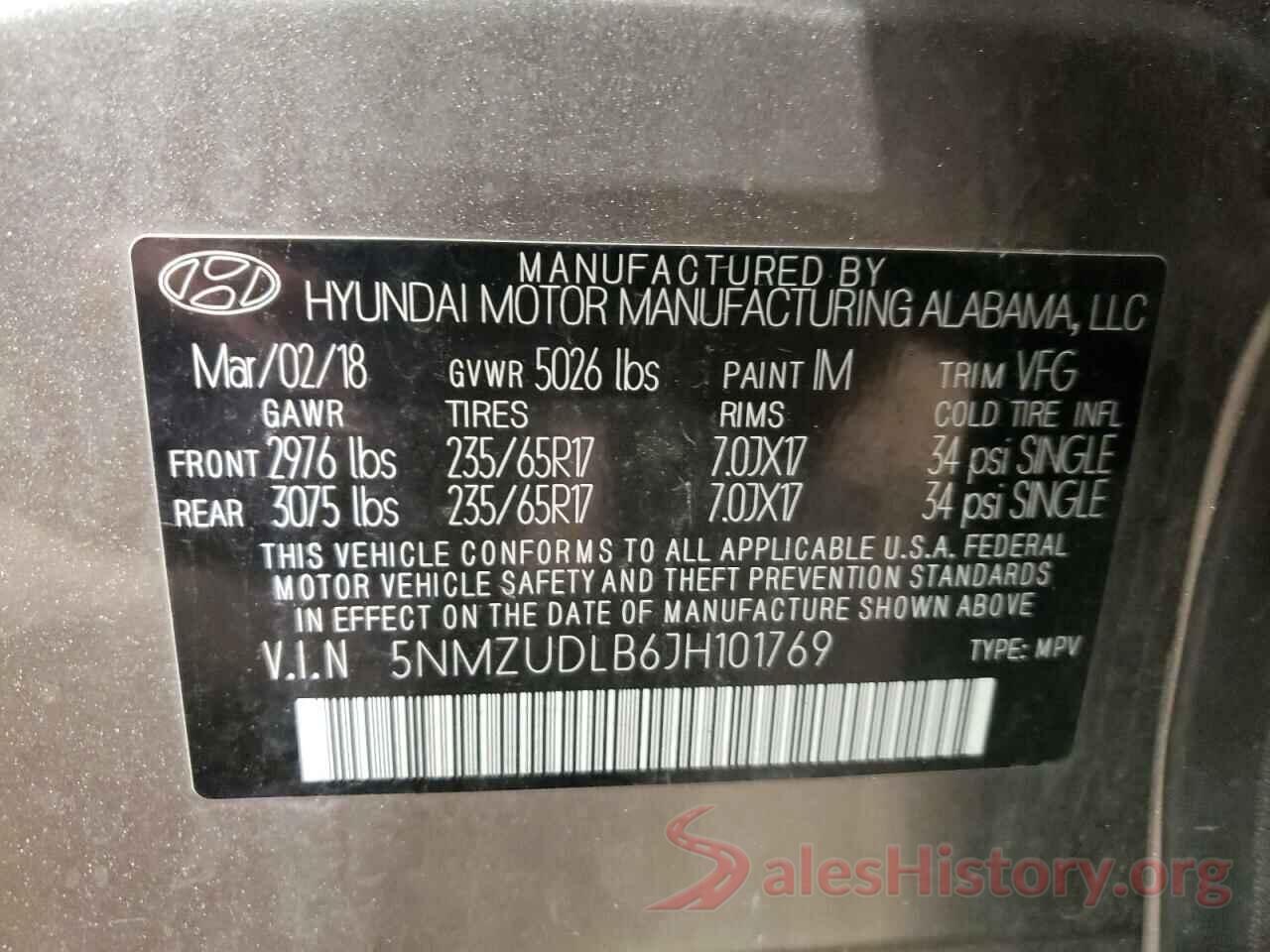 5NMZUDLB6JH101769 2018 HYUNDAI SANTA FE