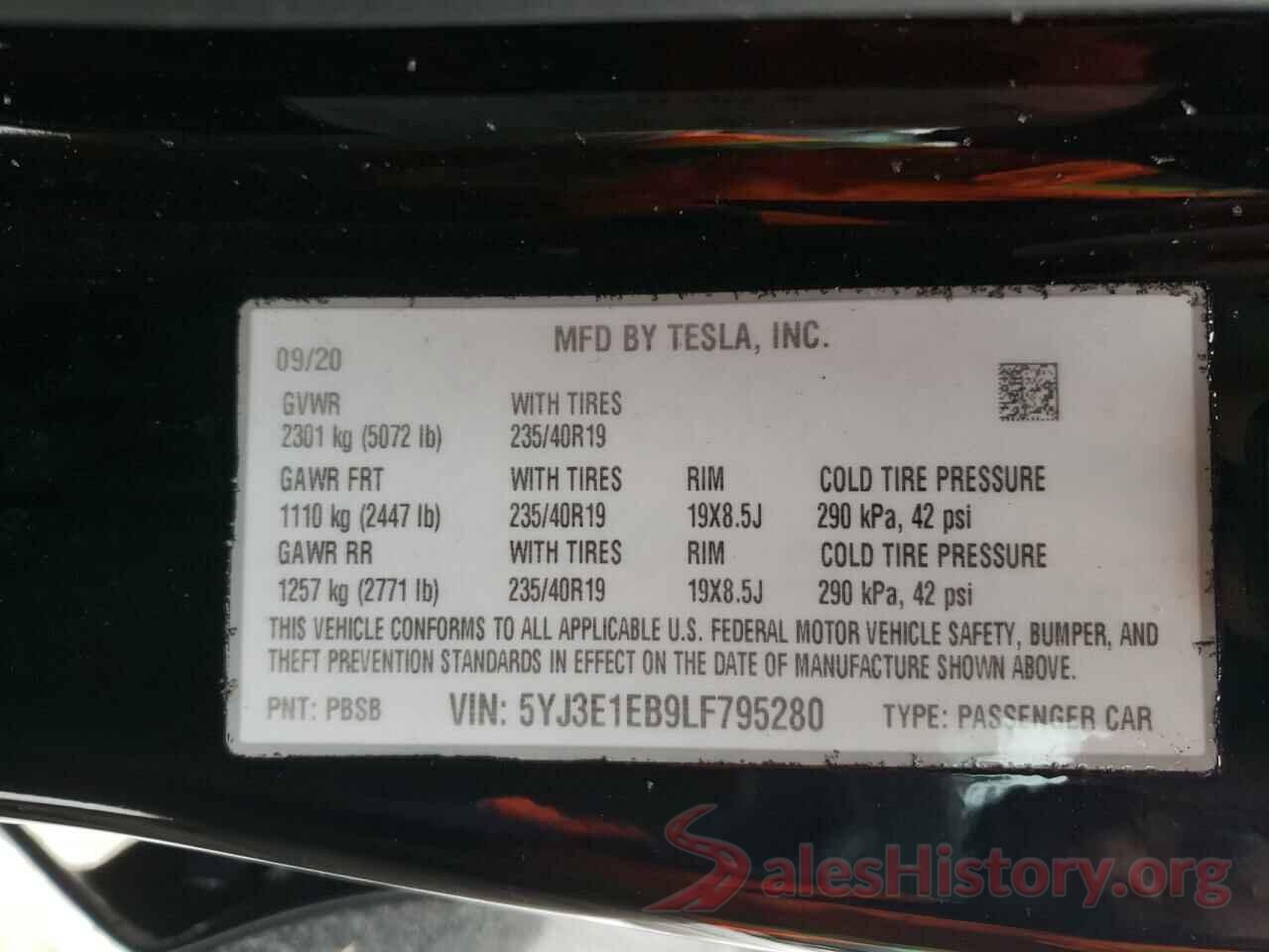 5YJ3E1EB9LF795280 2020 TESLA MODEL 3