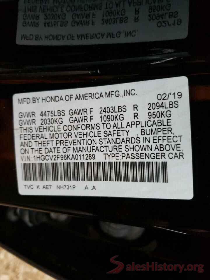 1HGCV2F96KA011289 2019 HONDA ACCORD