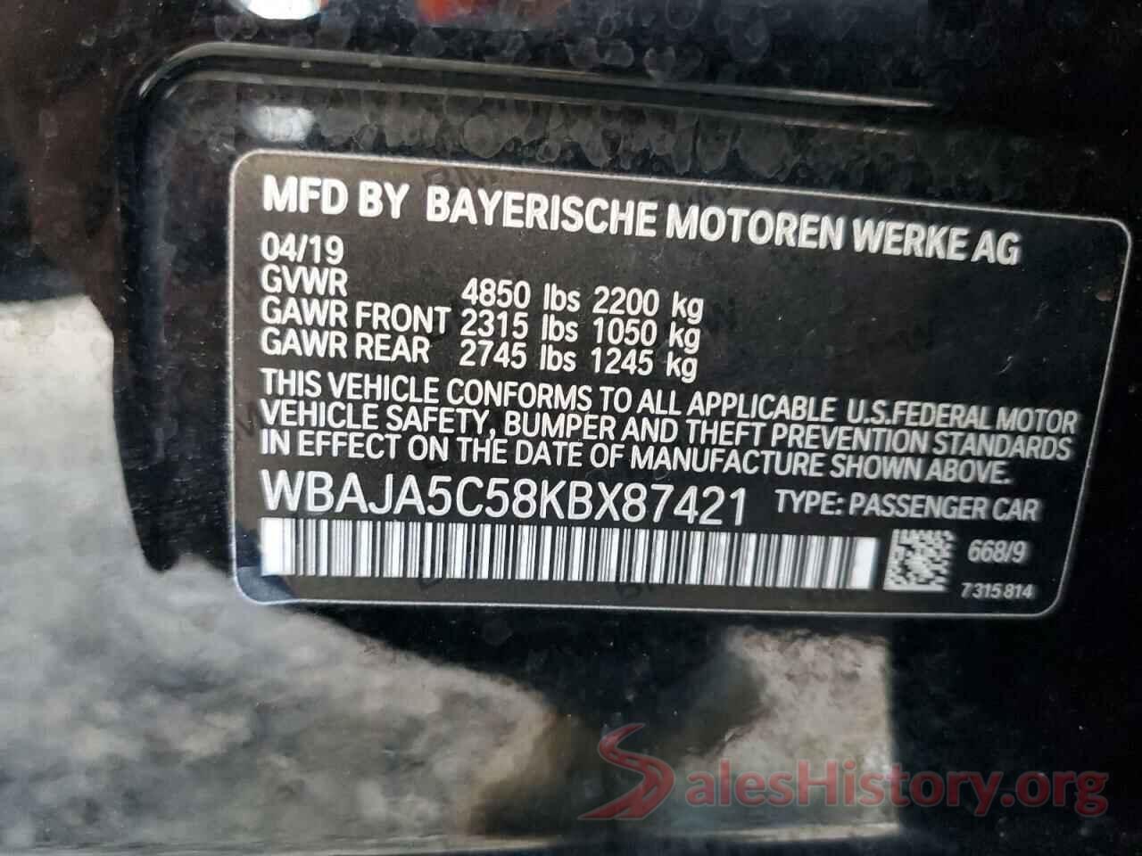 WBAJA5C58KBX87421 2019 BMW 5 SERIES