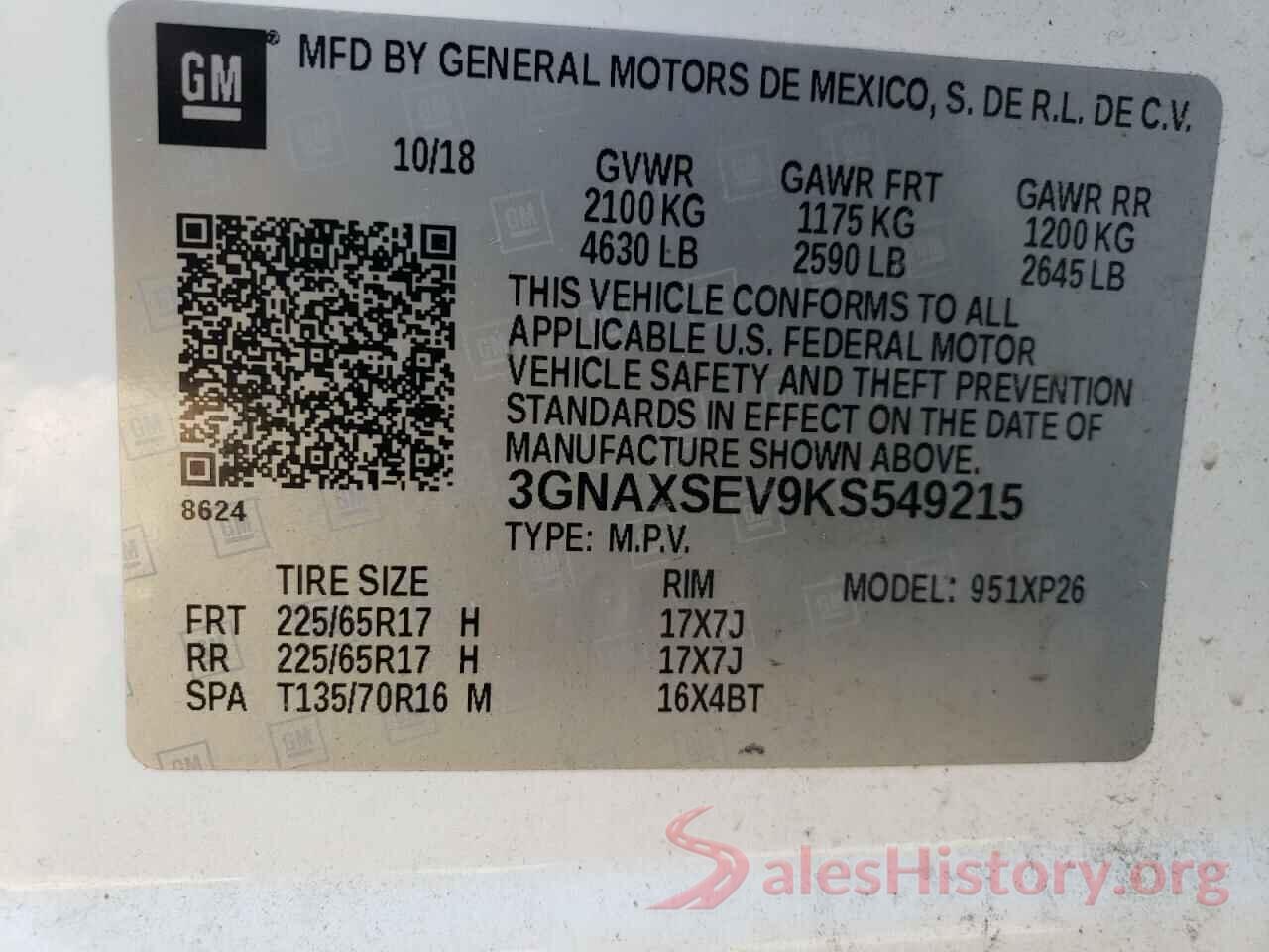 3GNAXSEV9KS549215 2019 CHEVROLET EQUINOX