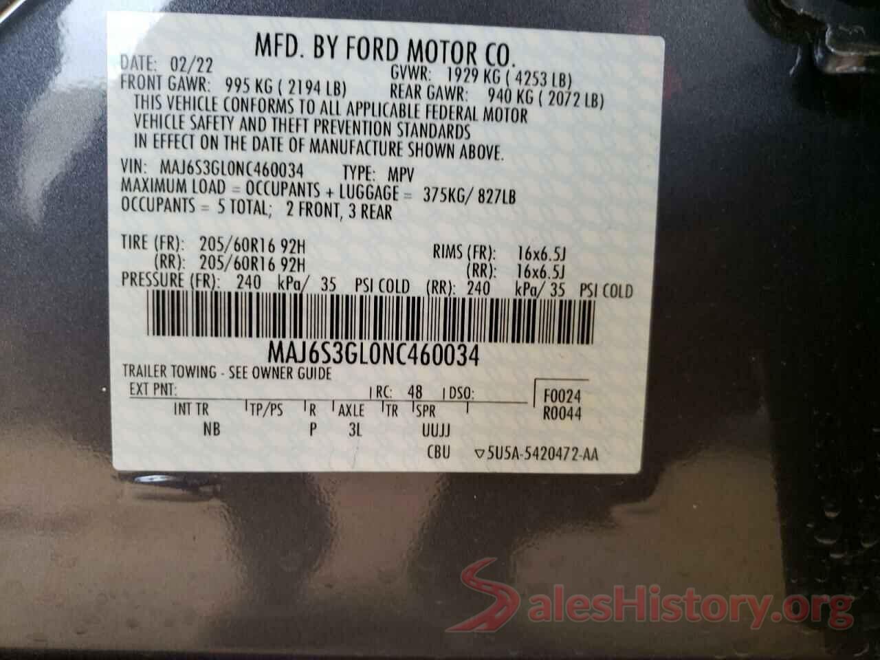 MAJ6S3GL0NC460034 2022 FORD ECOSPORT