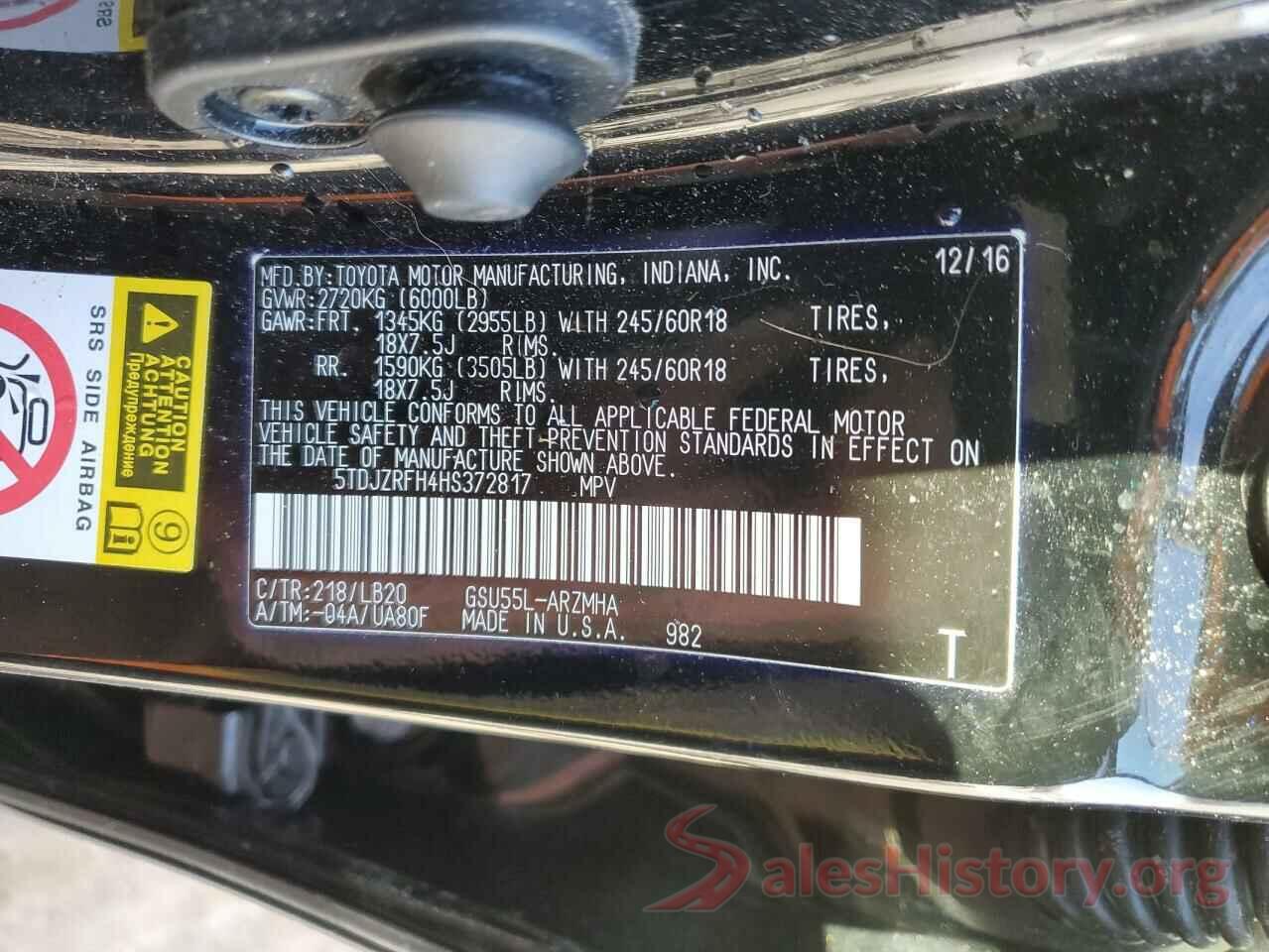 5TDJZRFH4HS372817 2017 TOYOTA HIGHLANDER