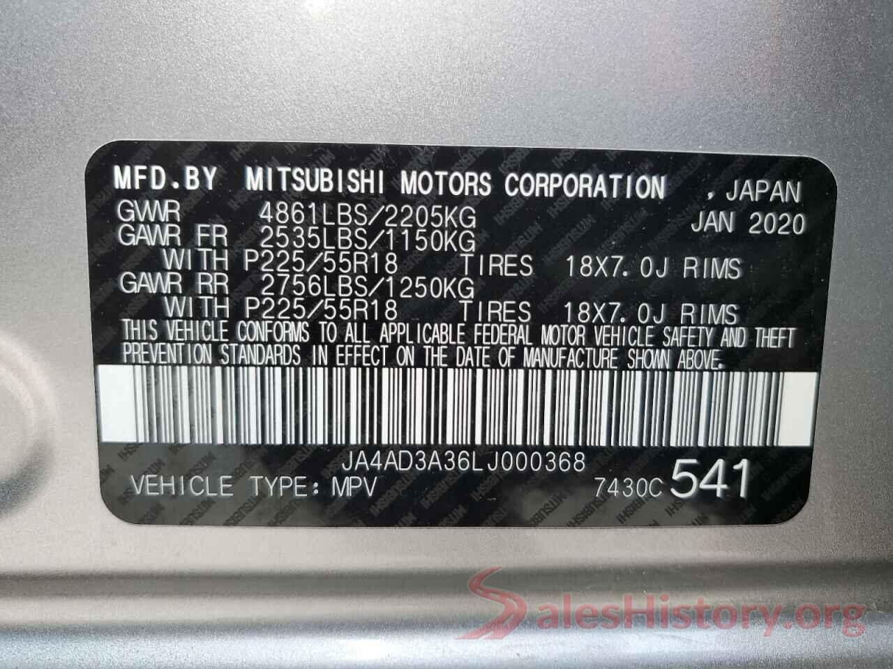 JA4AD3A36LJ000368 2020 MITSUBISHI OUTLANDER