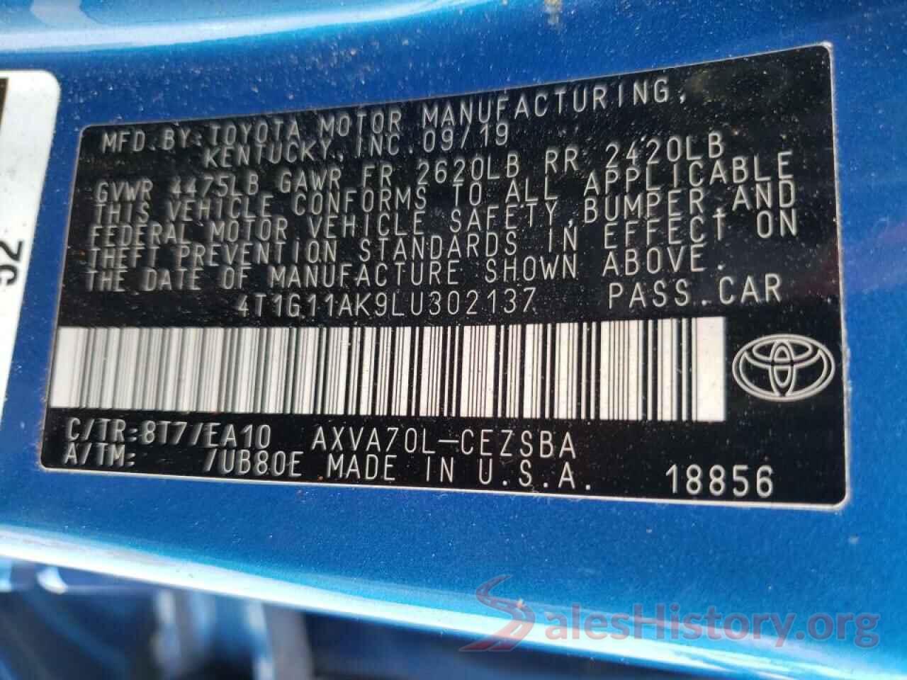 4T1G11AK9LU302137 2020 TOYOTA CAMRY