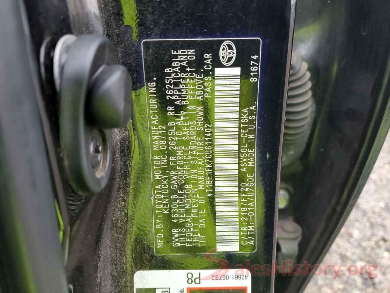 4T1BF1FK7CU611402 2012 TOYOTA CAMRY