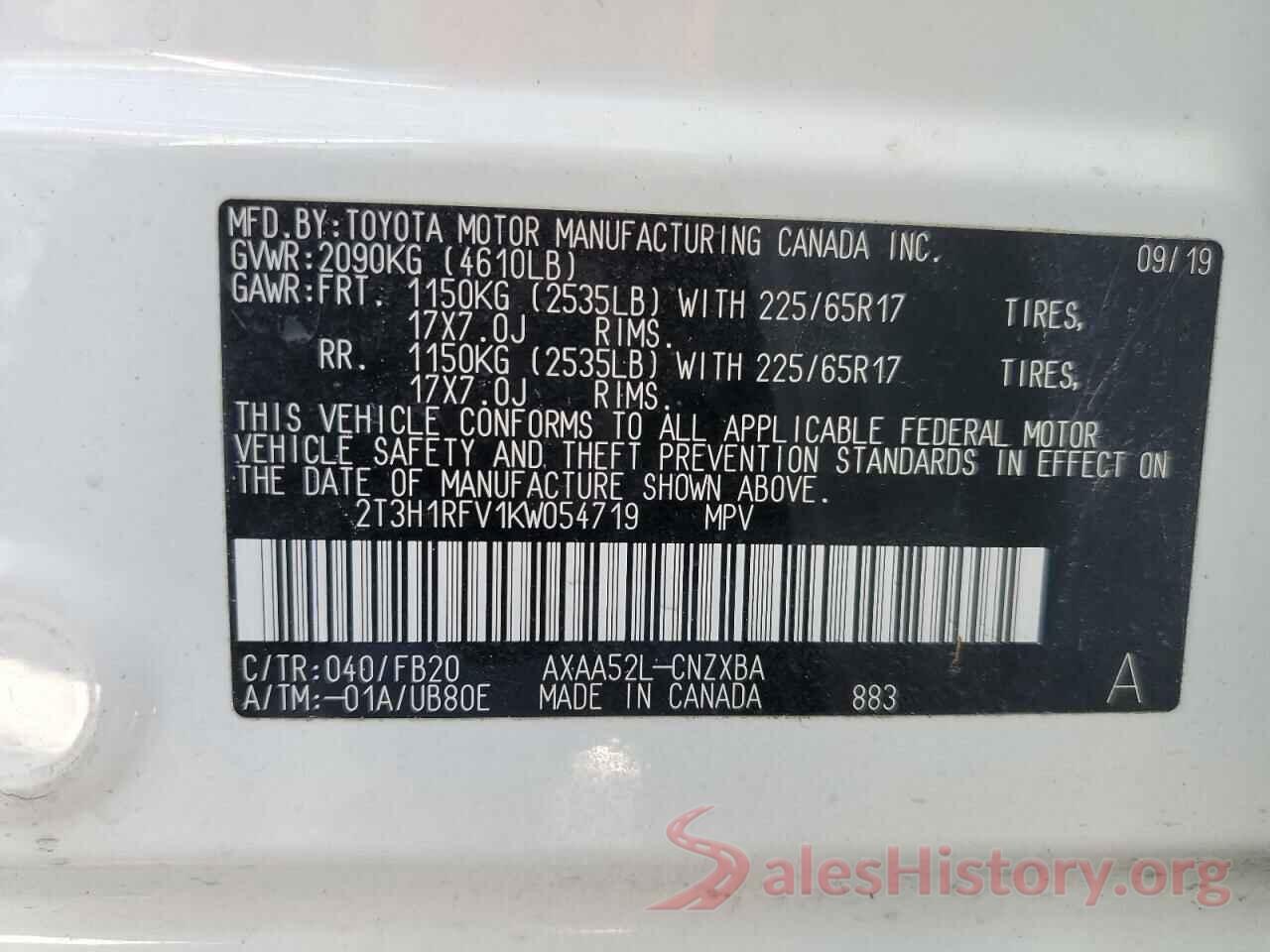 2T3H1RFV1KW054719 2019 TOYOTA RAV4