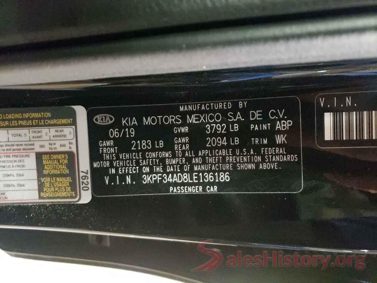 3KPF34AD8LE136186 2020 KIA FORTE