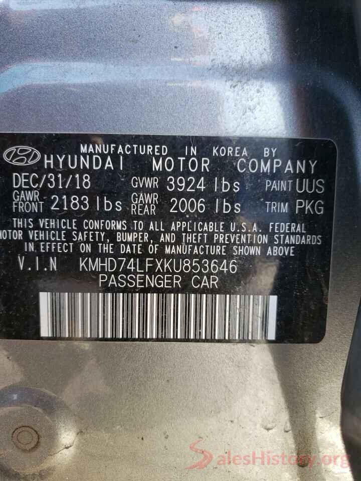 KMHD74LFXKU853646 2019 HYUNDAI ELANTRA